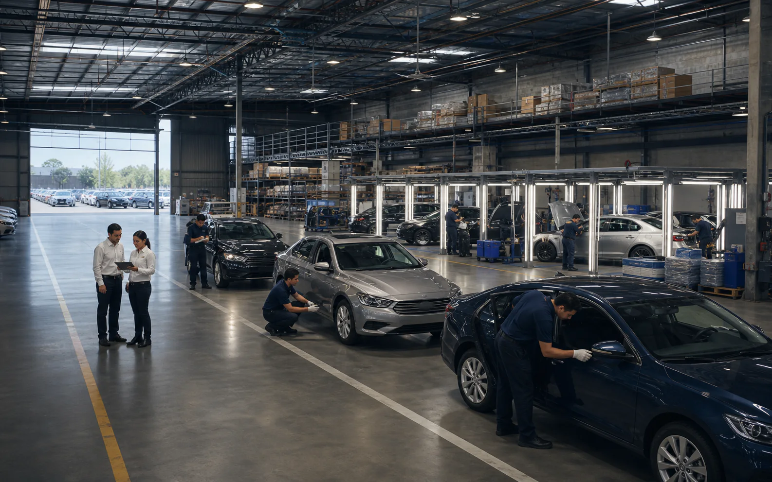 Technicians and supervisors coordinating vehicle preparation and PDI operations