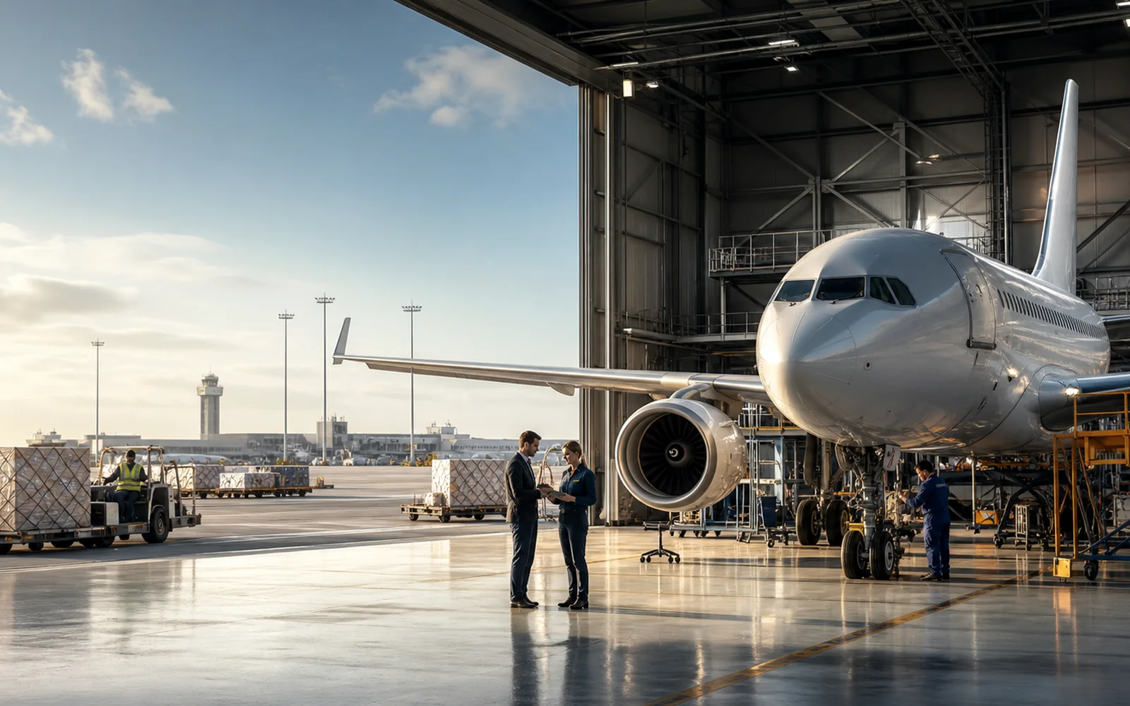 Commercial aircraft maintenance, cargo and ground operations at an international airport