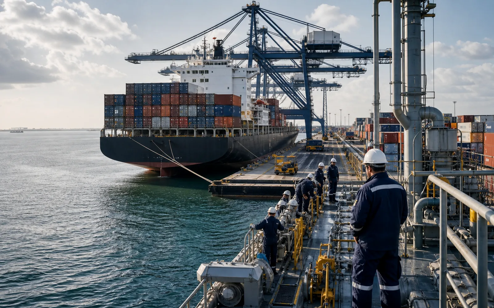 Commercial vessel, port infrastructure and marine technical teams coordinating operations