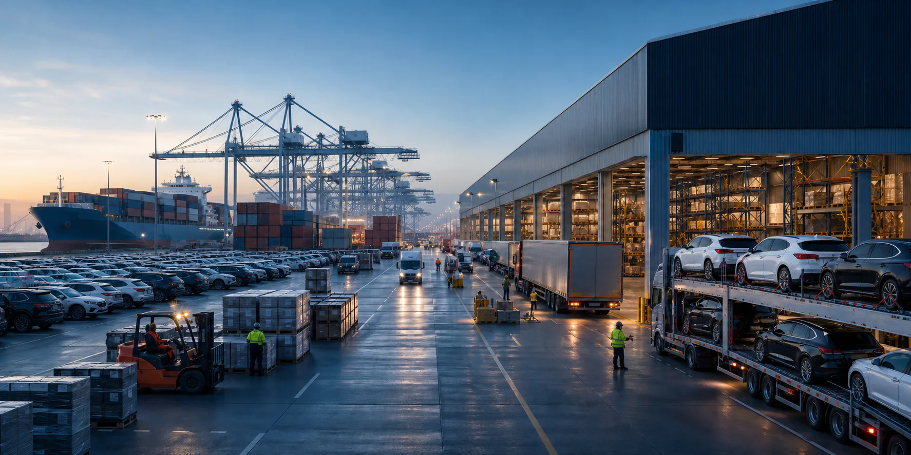 Port, warehouse and vehicle distribution operations connected within an automotive supply chain