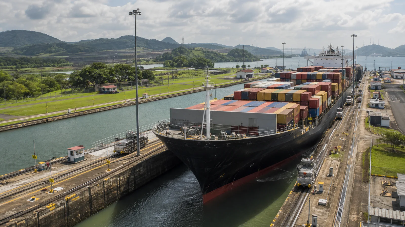 Container vessel transiting through Panama Canal lock infrastructure