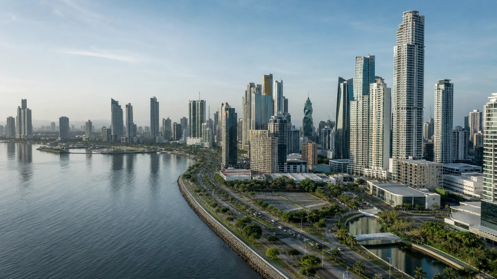 Corporate skyline and waterfront infrastructure of Panama City